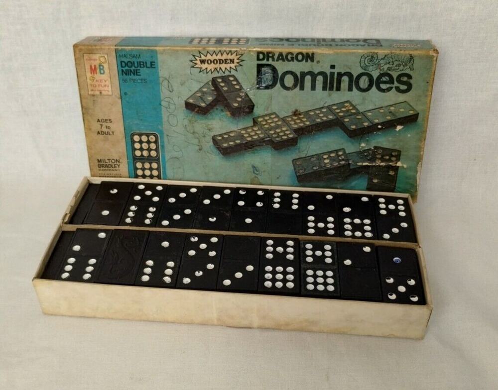 1970 Black Wooden DRAGON Double Nine Dominoes - 55 Pieces - Milton Bradley